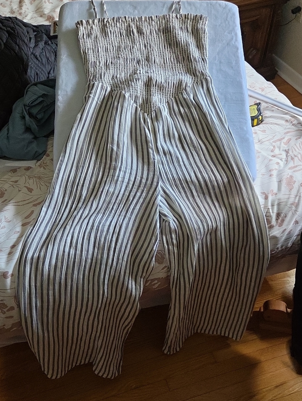 Striped Smocked Chest Wide-Leg Jumpsuit - Black & White Spaghetti Straps